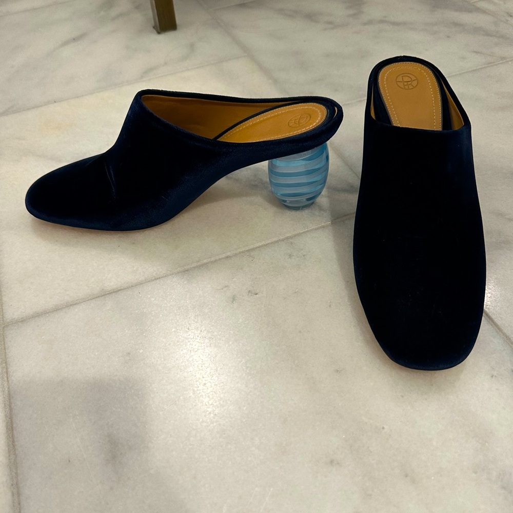 The Row Dark Navy velvet mules with glass heel